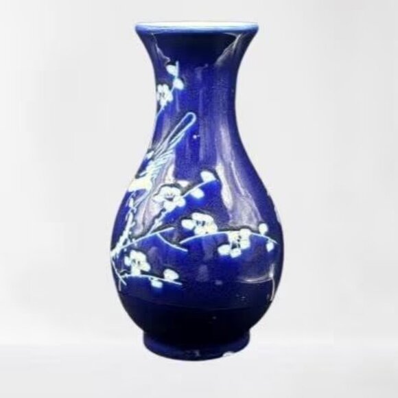 Vintage Chinese Porcelain Cobalt Blue Incised Cherry Blossom Bluebird Vase 8" - Picture 4 of 8